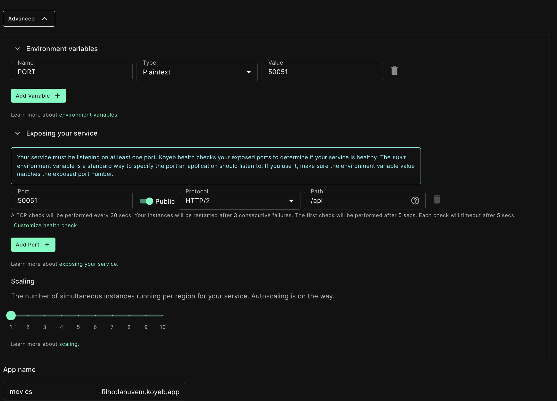 Koyeb API port and health check configuration