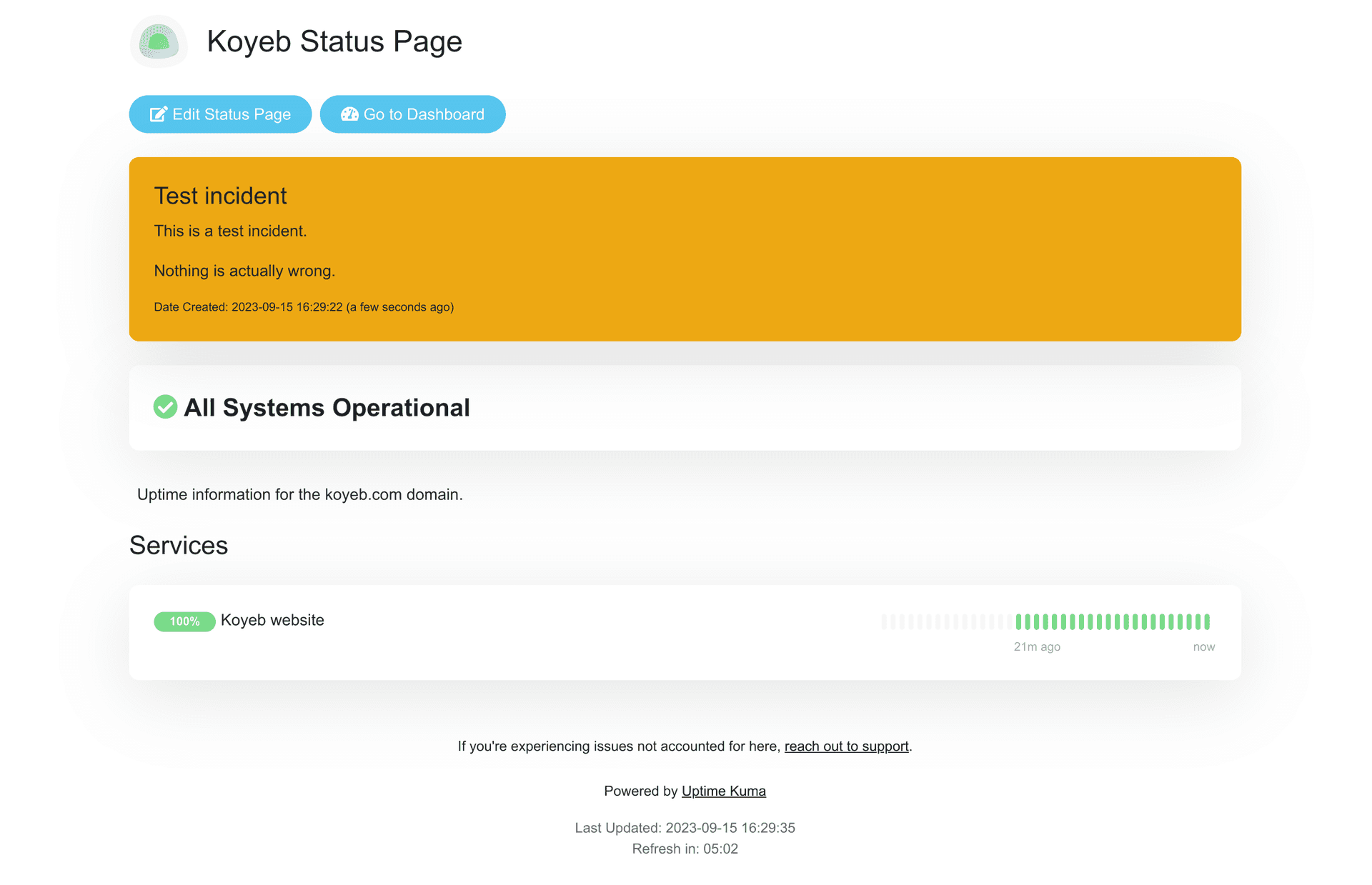 Uptime Kuma status with incident