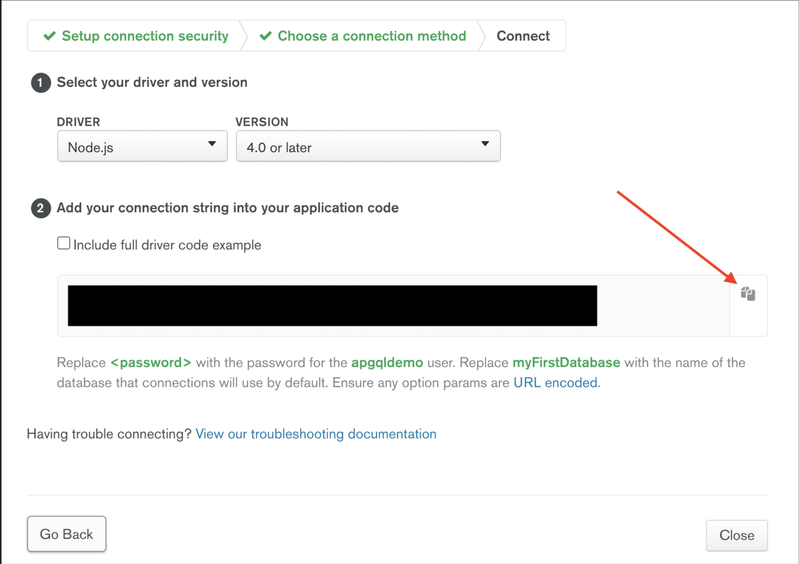 Copying MongoDB connection string on Mongo Atlas